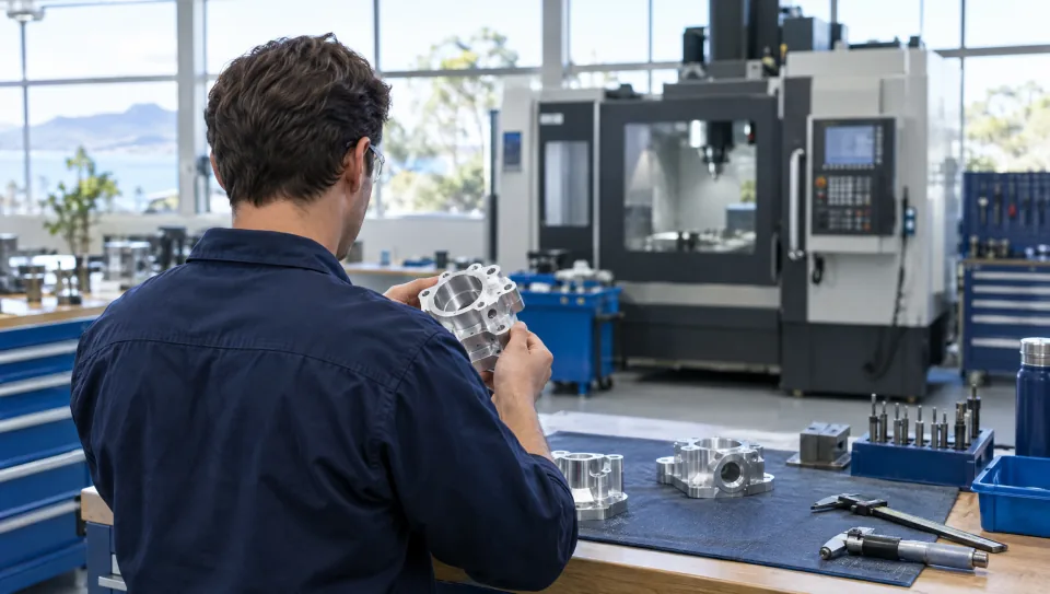 A technician inspecting a machined component in a clean engineering workshop