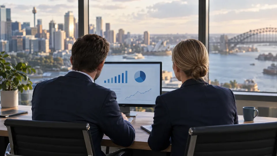 Two advisers reviewing charts on a monitor in an office with a city view