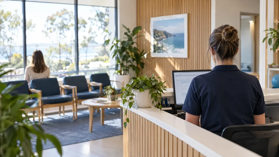 A bright allied-health clinic reception with a practitioner at the front desk