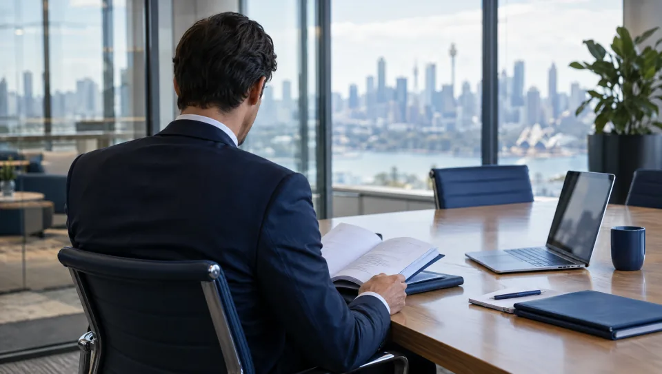 A professional reviewing documents in a glass-walled meeting room with a city view
