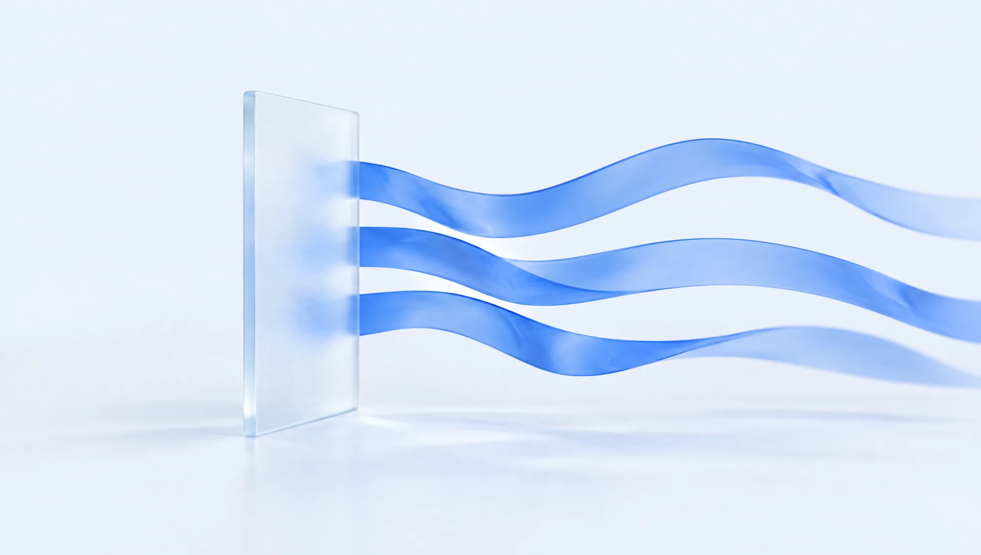 A glass sheet with three blue ribbons flowing out of it
