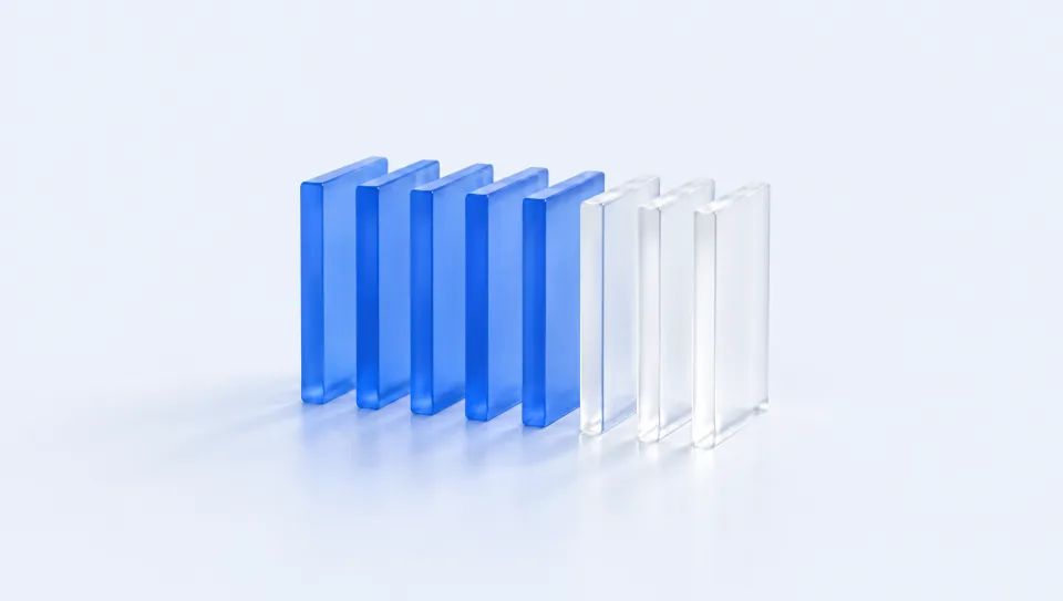 Eight frosted-glass slabs in a row, five tinted blue