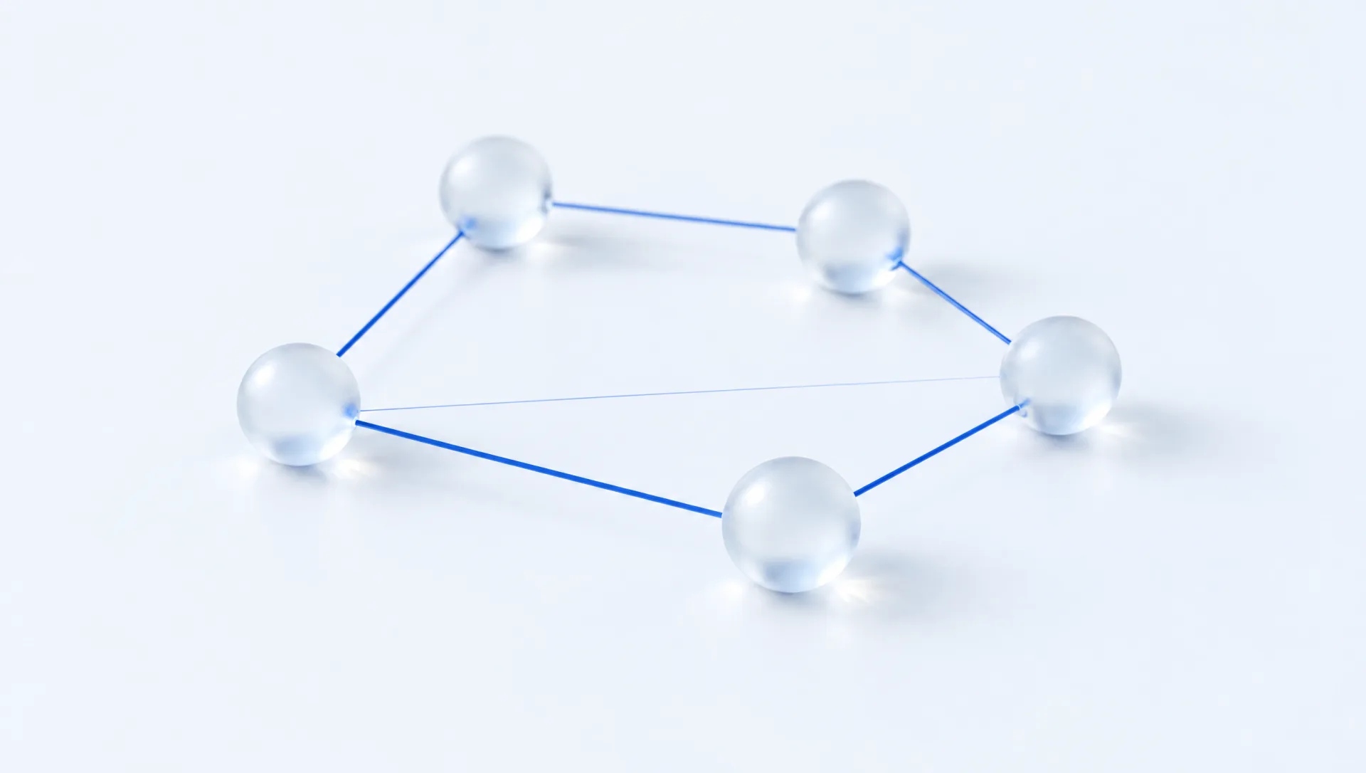 Five glass nodes joined by thin blue threads, one link dimmer than the rest