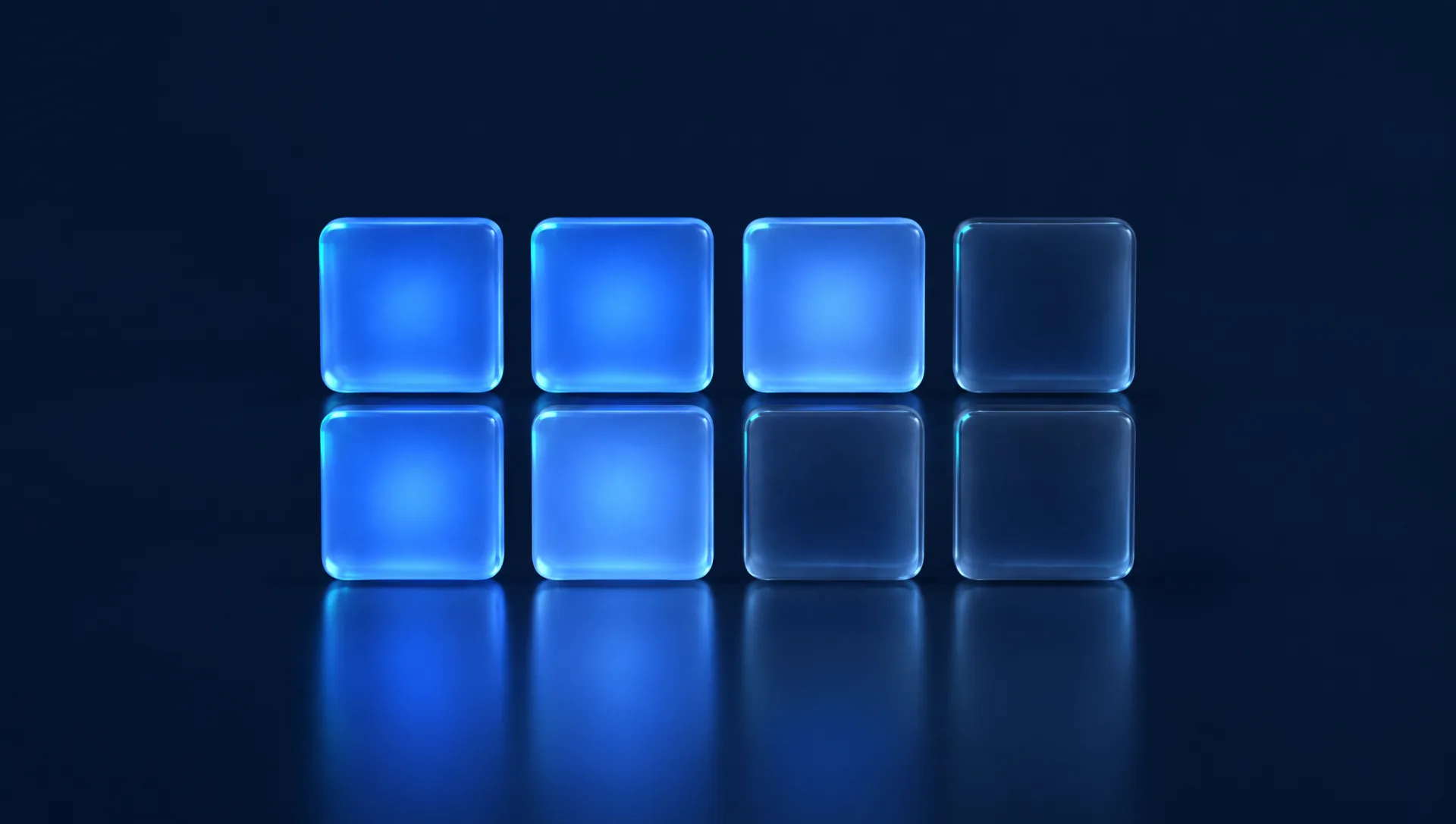 Eight glass tiles in a grid, five lit blue and three unlit