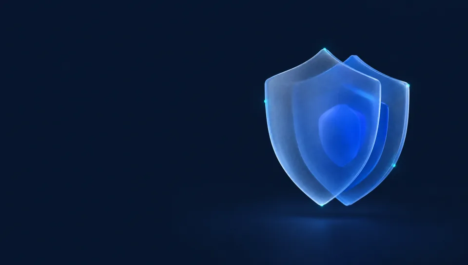 Layered frosted-glass panes forming a shield in front of a glowing blue core
