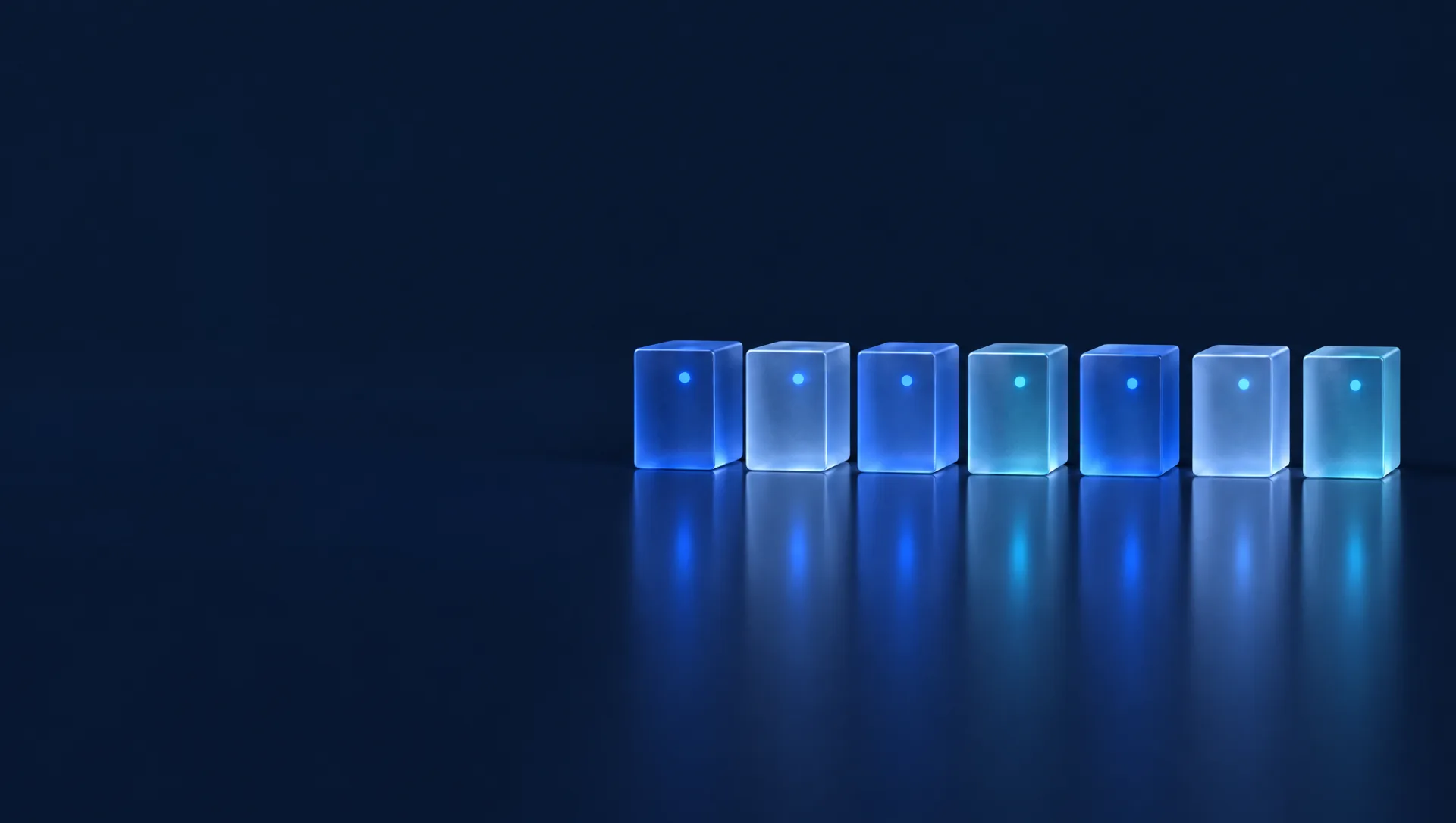A neat row of calm glass blocks, each with a small blue status light