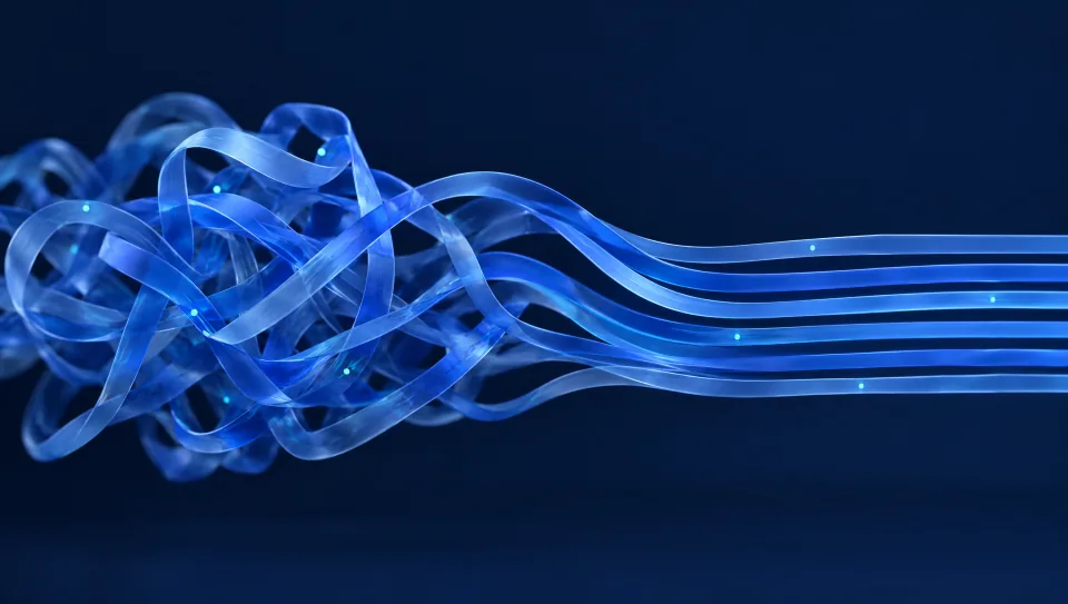 Translucent blue ribbons flowing from a tangle into neat parallel streams