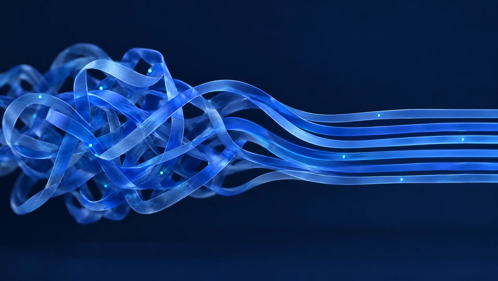 Translucent blue ribbons flowing from a tangle into neat parallel streams