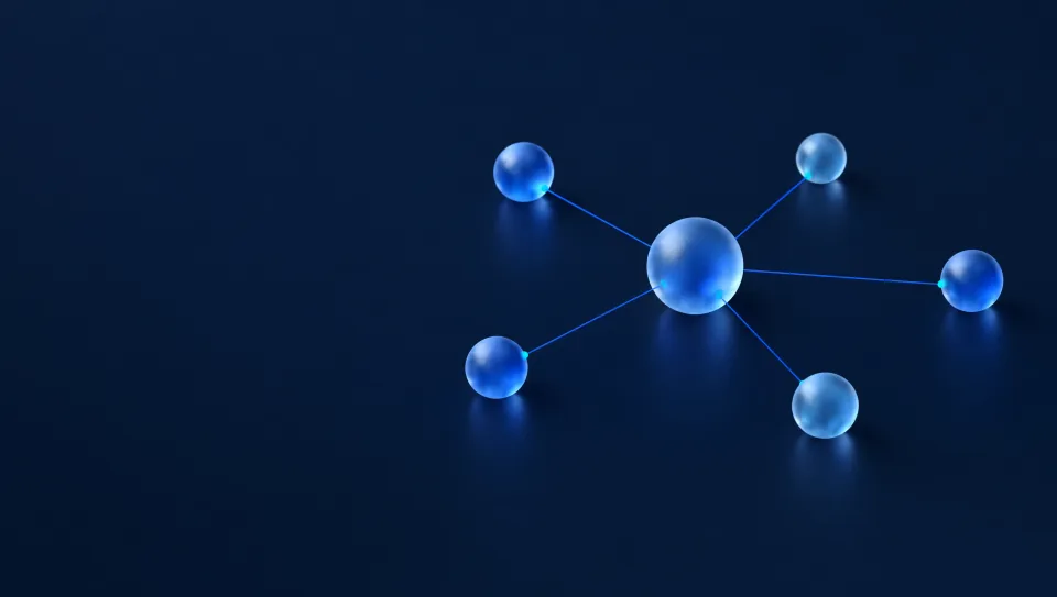 Glass nodes connected by thin blue light threads across a dark surface